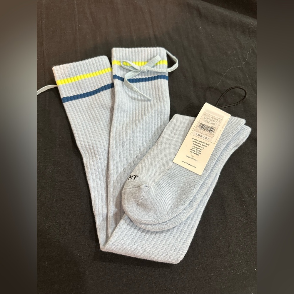 Free People Knee Length Light Blue Socks with Yellow and Blue Stripes Ribbon